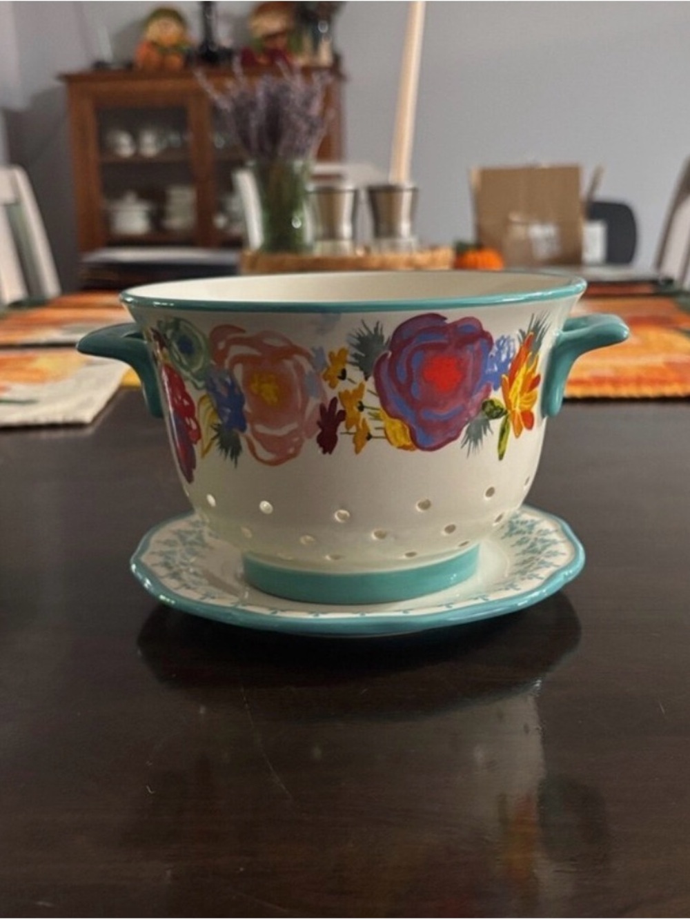 Hand-Painted Floral Ceramic Colander with Drip Plate - Turquoise Accent